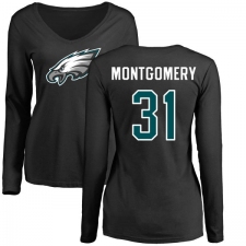 Women's Nike Philadelphia Eagles #31 Wilbert Montgomery Black Name & Number Logo Slim Fit Long Sleeve T-Shirt.