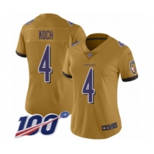 Women's Baltimore Ravens #4 Sam Koch Limited Gold Inverted Legend 100th Season Football Jersey