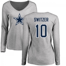 NFL Women's Nike Dallas Cowboys #10 Ryan Switzer Ash Name & Number Logo Slim Fit Long Sleeve T-Shirt