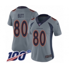 Women's Denver Broncos #80 Jake Butt Limited Silver Inverted Legend 100th Season Football Jersey