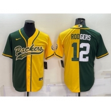 Men's Green Bay Packers #12 Aaron Rodgers Green Yellow Split With Patch Cool Base Stitched Baseball Jersey