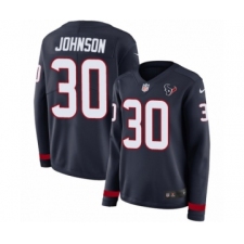 Women's Nike Houston Texans #30 Kevin Johnson Limited Navy Blue Therma Long Sleeve NFL Jersey