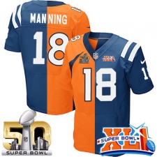 Men's Nike Indianapolis Colts #18 Peyton Manning Elite Royal Blue/Orange Split Fashion Super Bowl XLI & Super Bowl L NFL Jersey