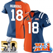 Women's Nike Indianapolis Colts #18 Peyton Manning Elite Royal Blue/Orange Split Fashion Super Bowl XLI & Super Bowl L NFL Jersey
