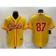 Men's Kansas City Chiefs #87 Travis Kelce Gold With Patch Cool Base Stitched Baseball Jersey