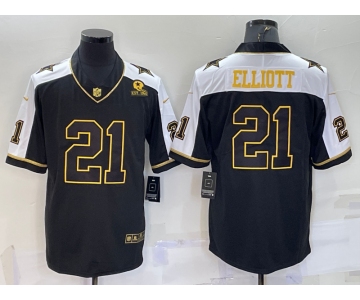 Men's Dallas Cowboys #21 Ezekiel Elliott Black Gold Thanksgiving With Patch Stitched Jersey