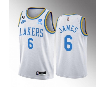 Men's Los Angeles Lakers #6 LeBron James 2022-23 White Classic Edition No.6 Patch Stitched Basketball Jersey